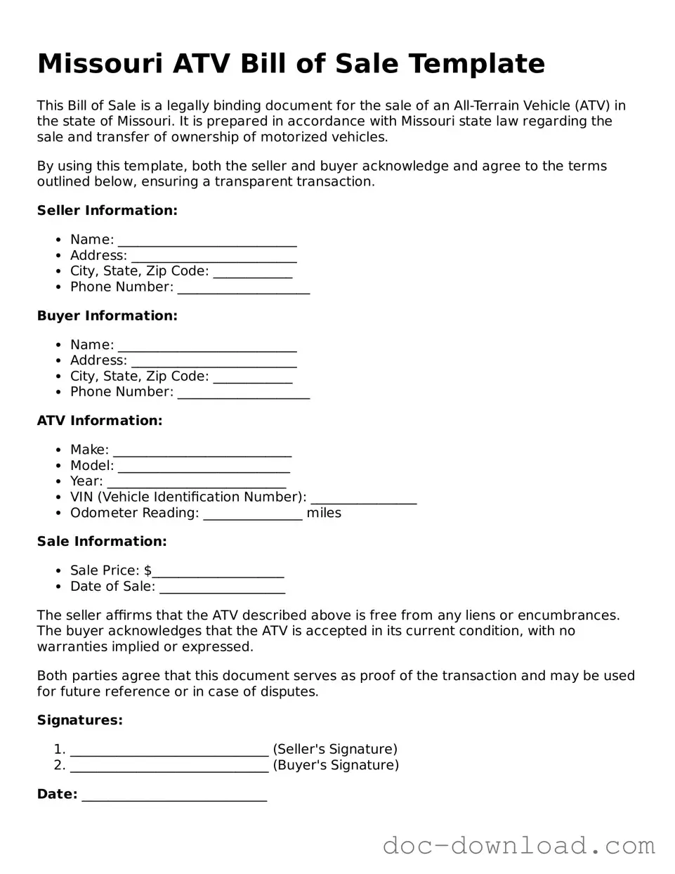 Blank  ATV Bill of Sale Document for Missouri