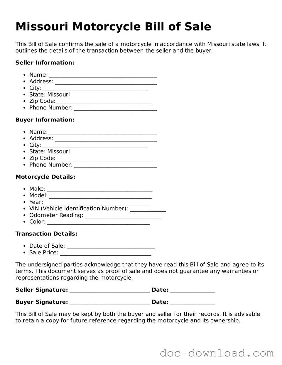 Blank  Motorcycle Bill of Sale Document for Missouri