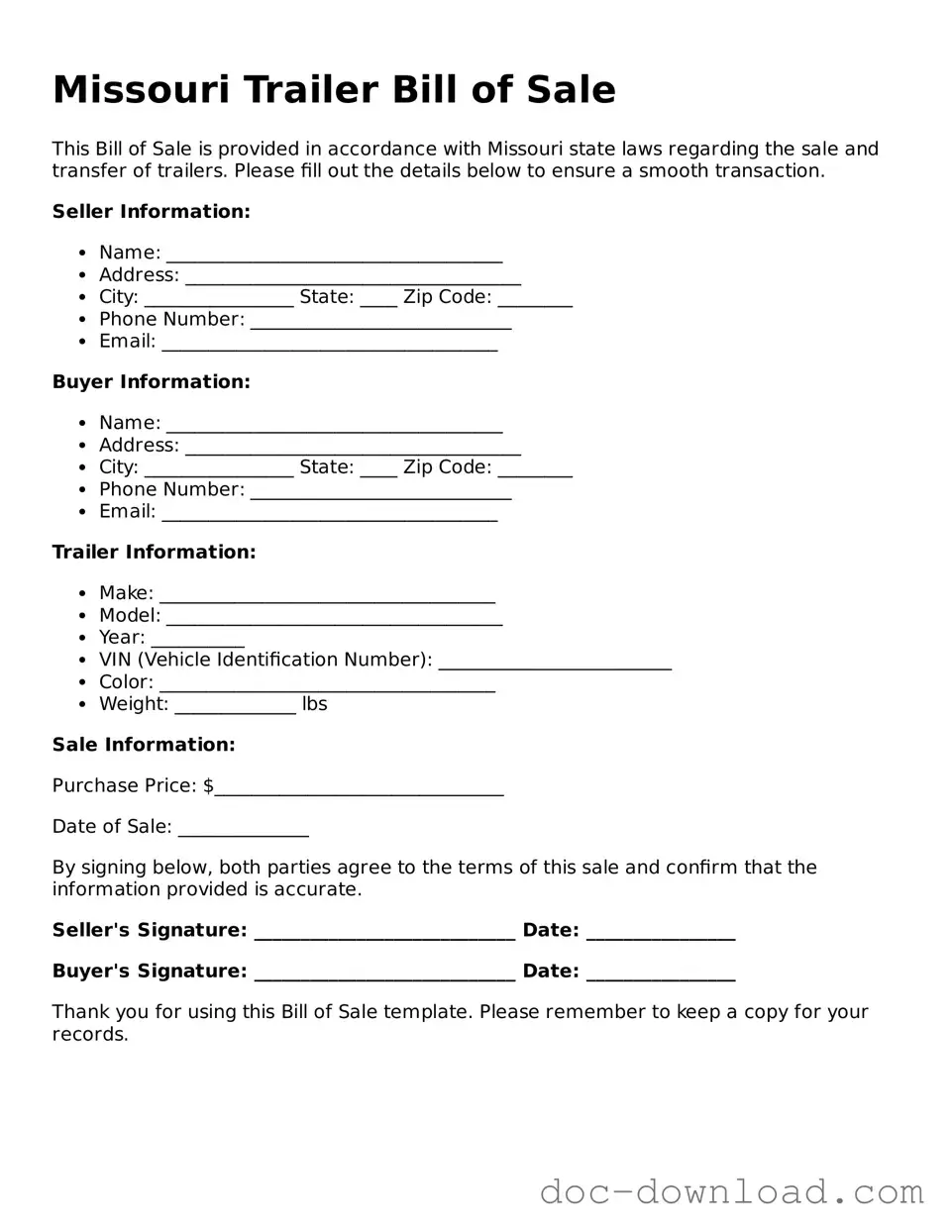 Blank  Trailer Bill of Sale Document for Missouri