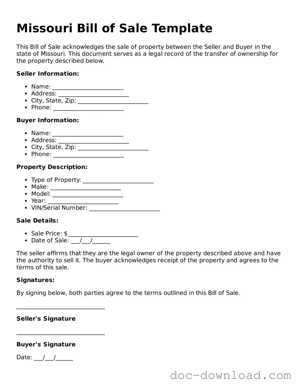 Blank  Bill of Sale Document for Missouri
