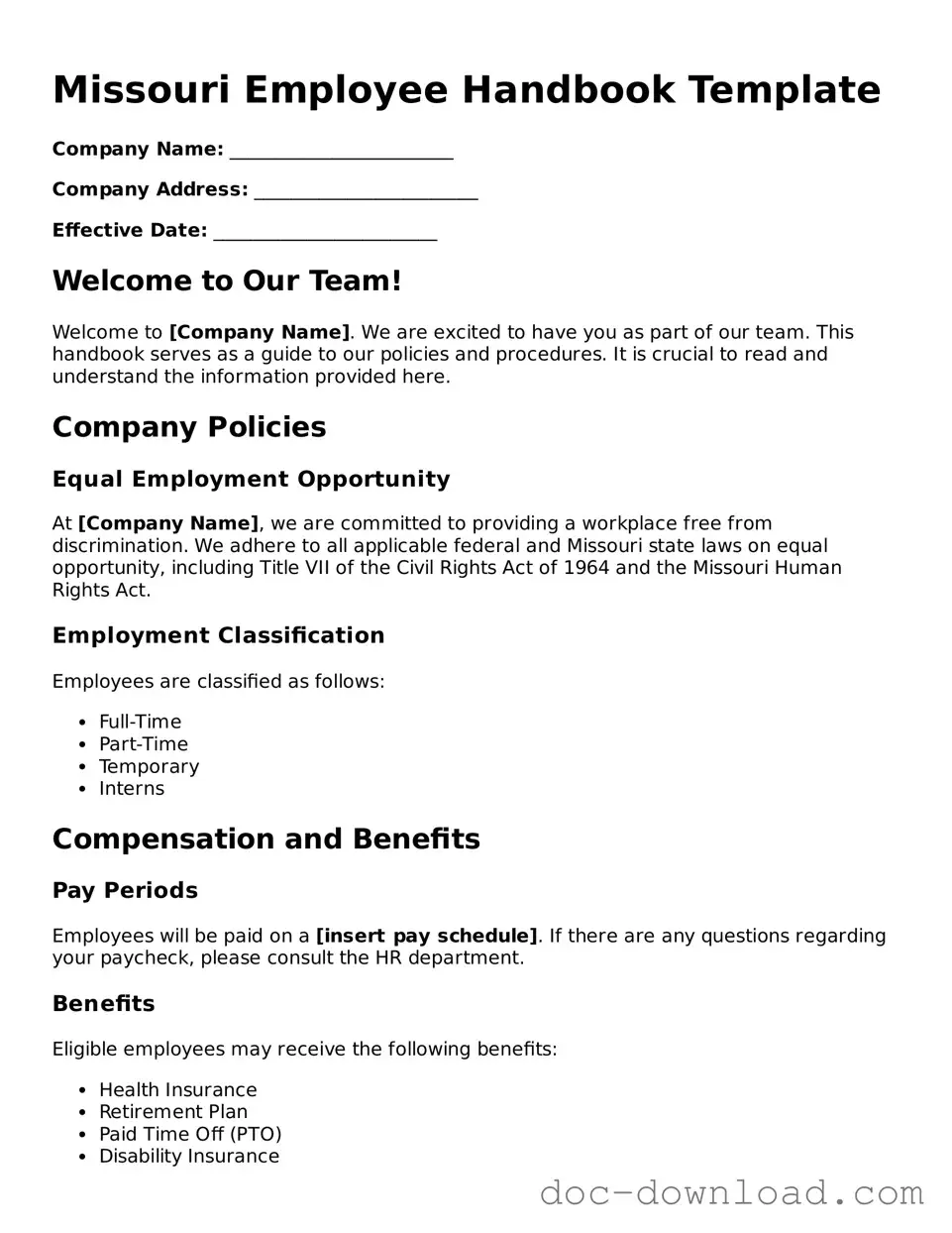 Blank  Employee Handbook Document for Missouri