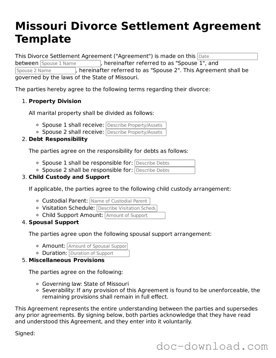 Blank  Divorce Settlement Agreement Document for Missouri