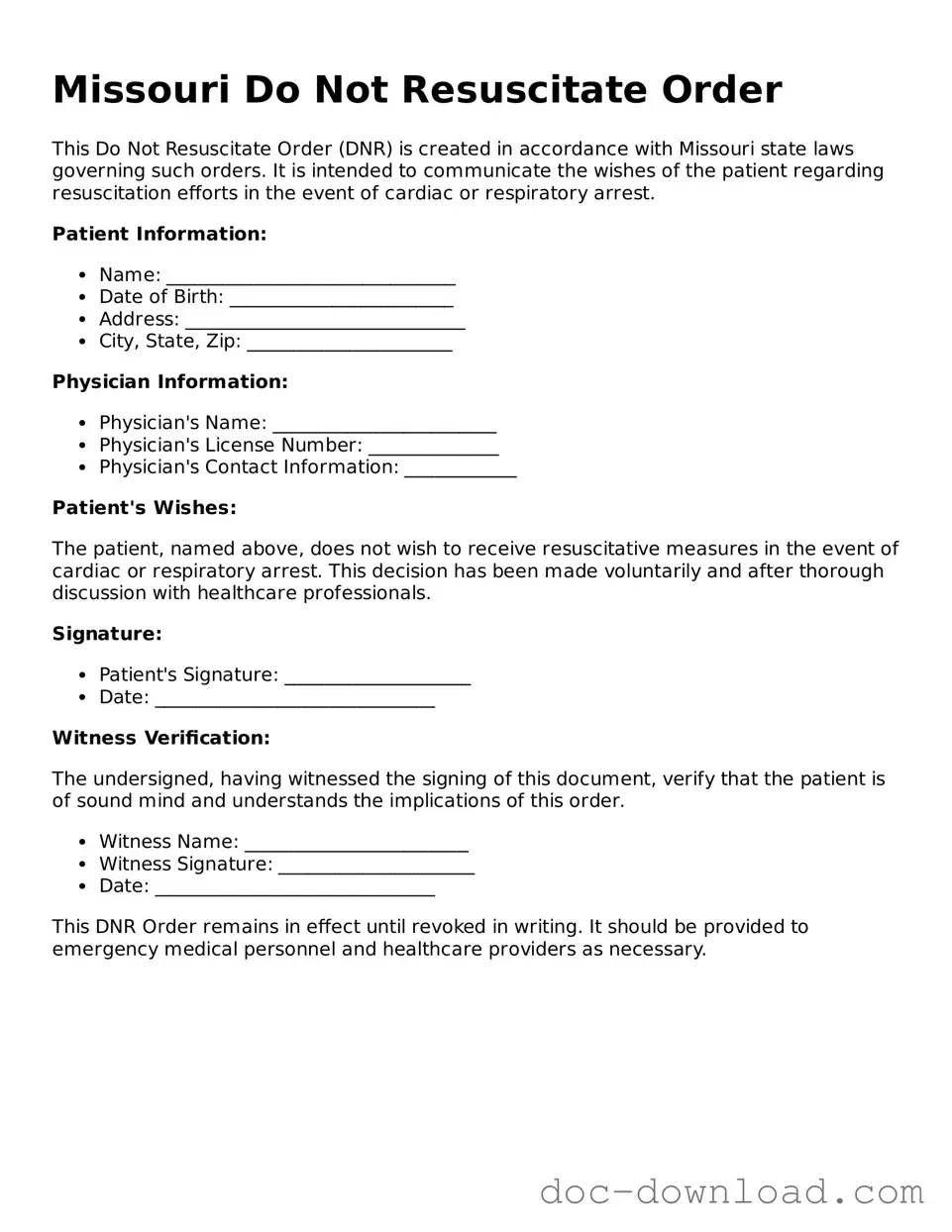 Blank  Do Not Resuscitate Order Document for Missouri