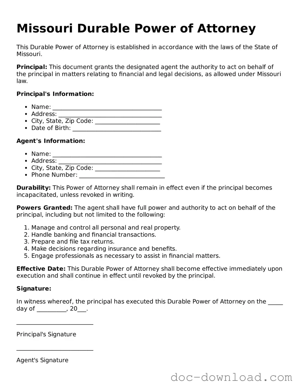 Blank  Durable Power of Attorney Document for Missouri