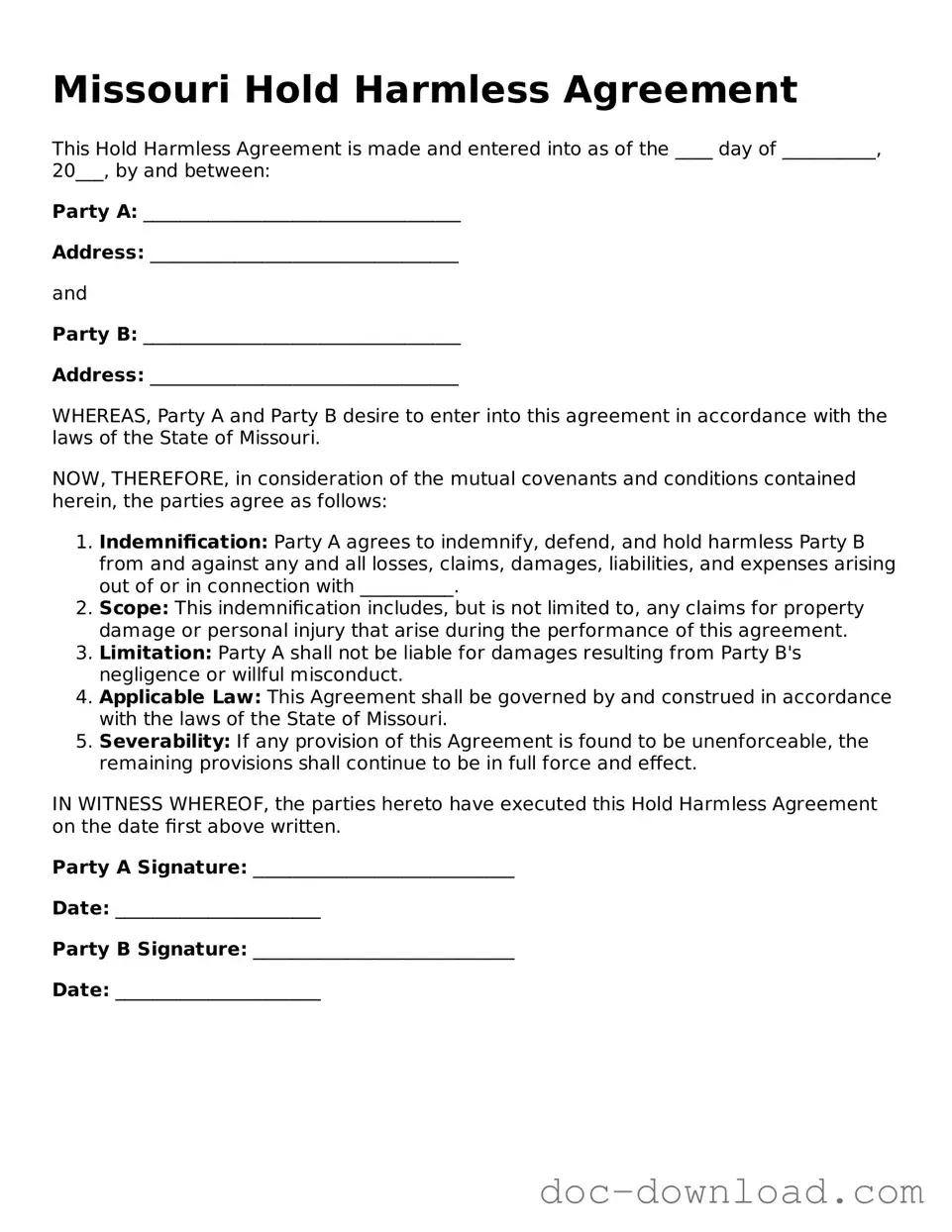 Blank  Hold Harmless Agreement Document for Missouri