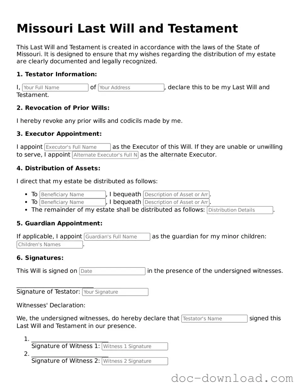 Blank  Last Will and Testament Document for Missouri
