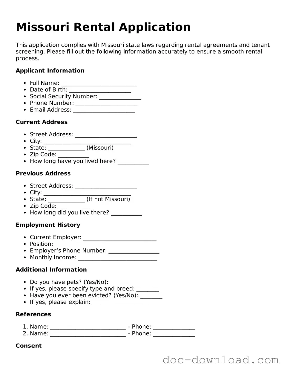Blank  Rental Application Document for Missouri