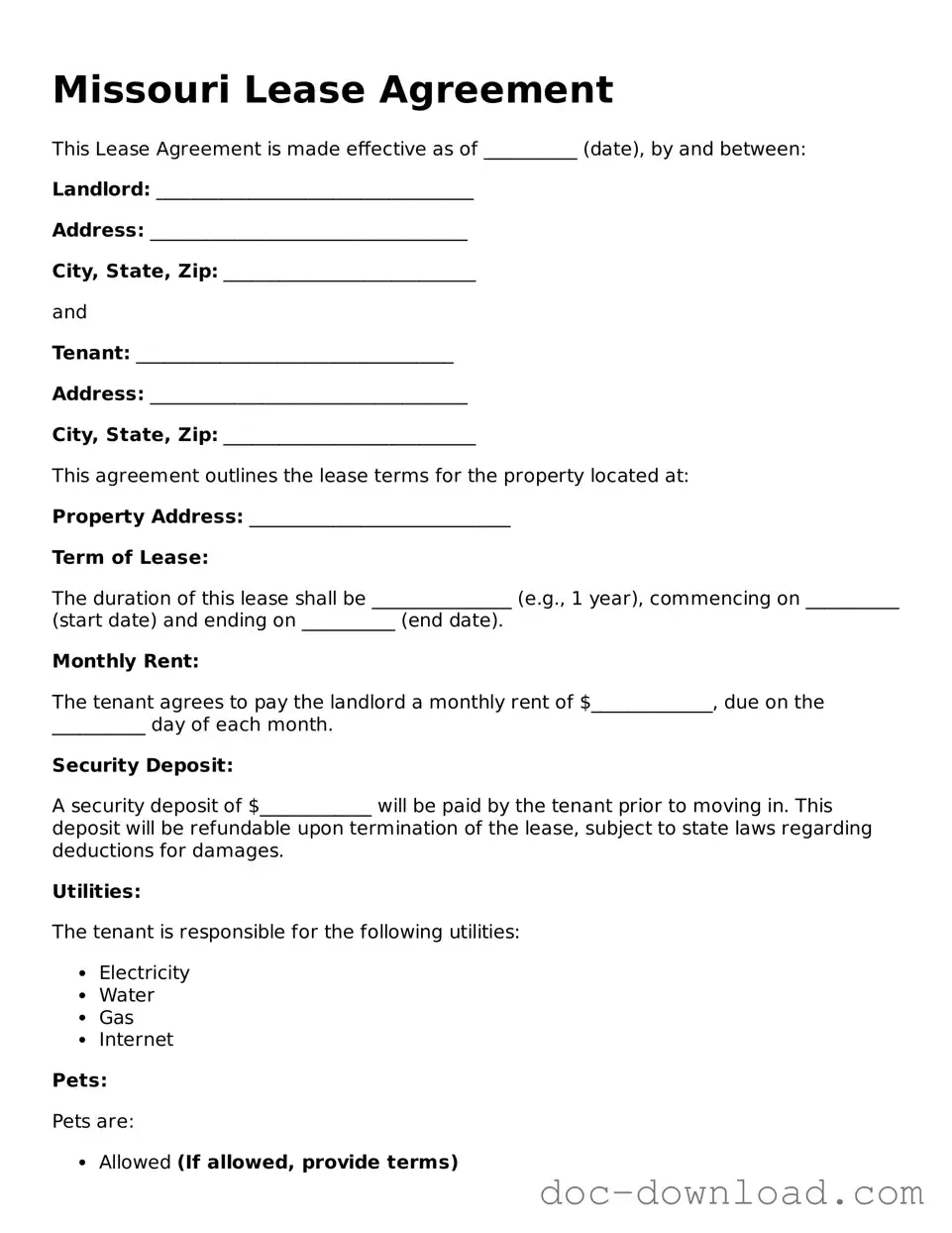 Blank  Lease Agreement Document for Missouri