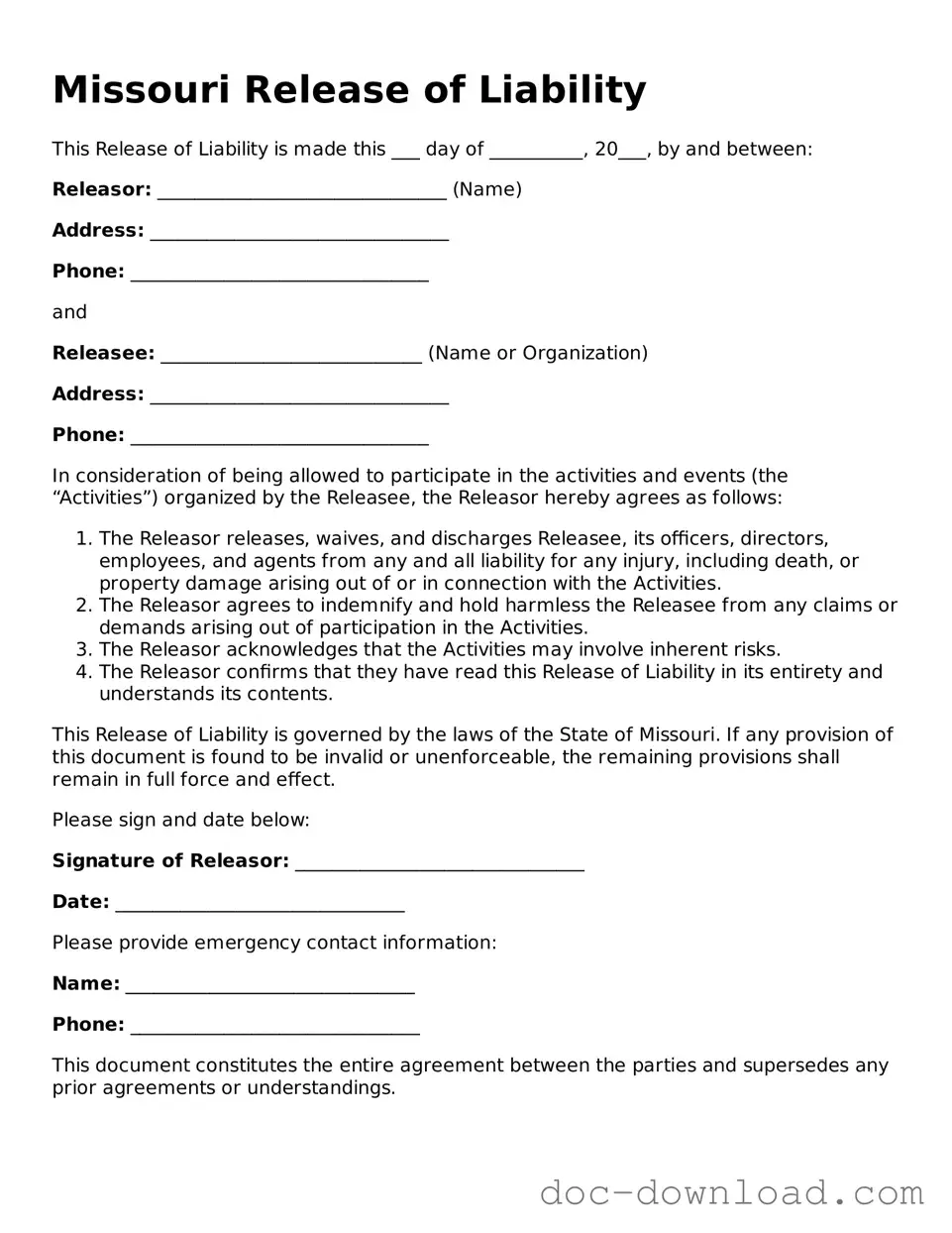 Blank  Release of Liability Document for Missouri