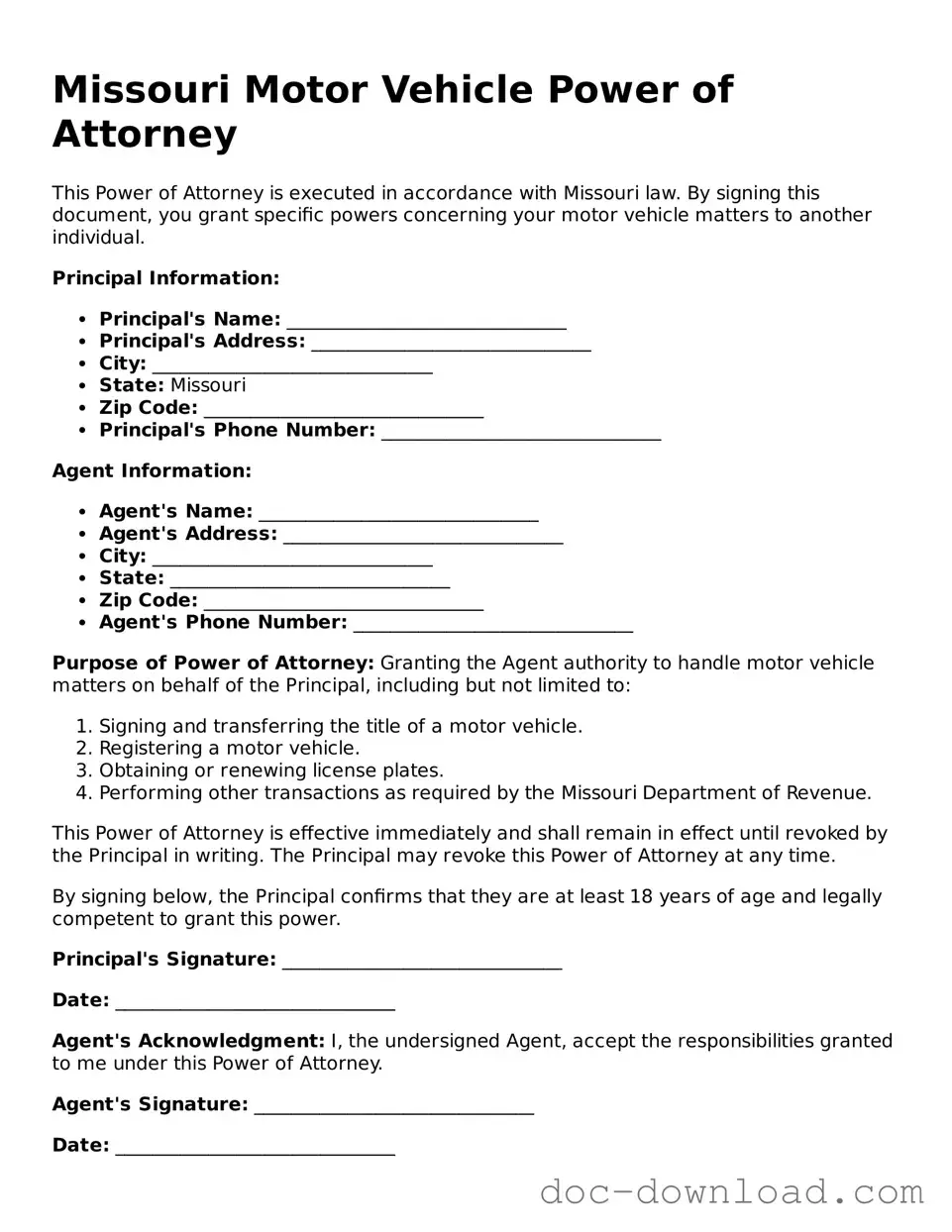 Blank  Motor Vehicle Power of Attorney Document for Missouri