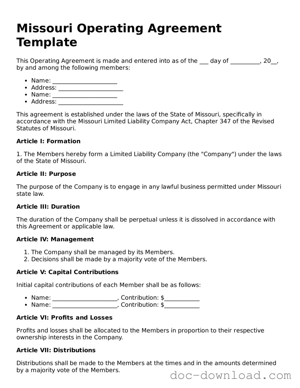 Blank  Operating Agreement Document for Missouri