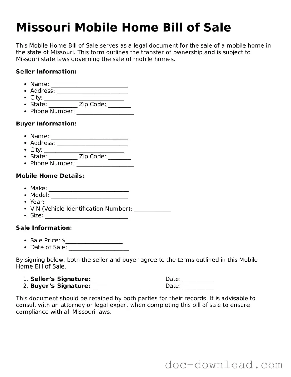 Blank  Mobile Home Bill of Sale Document for Missouri