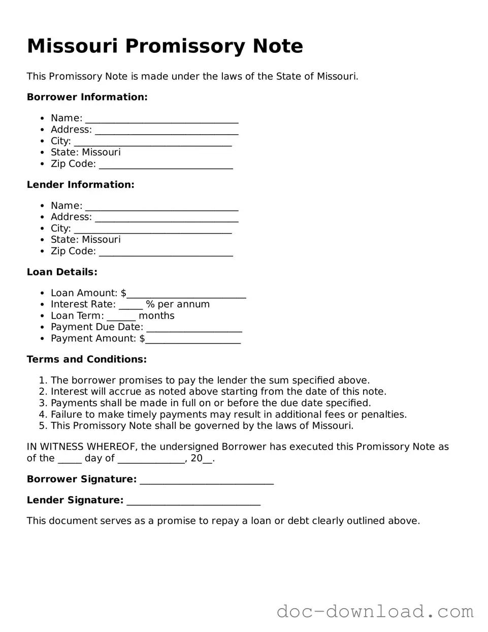 Blank  Promissory Note Document for Missouri