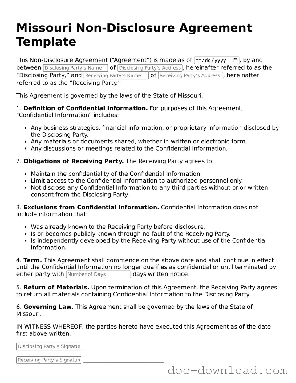 Blank  Non-disclosure Agreement Document for Missouri