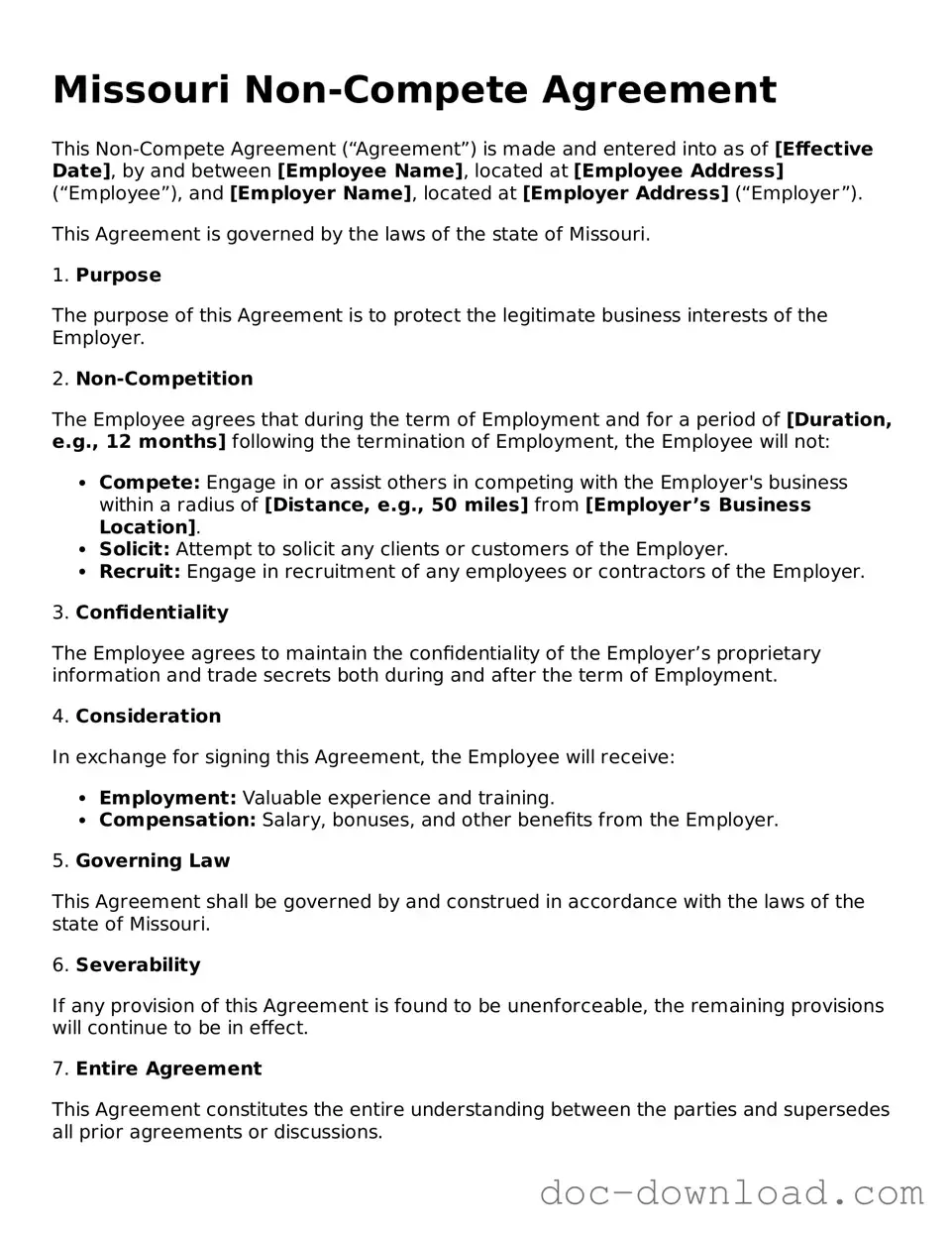 Blank  Non-compete Agreement Document for Missouri