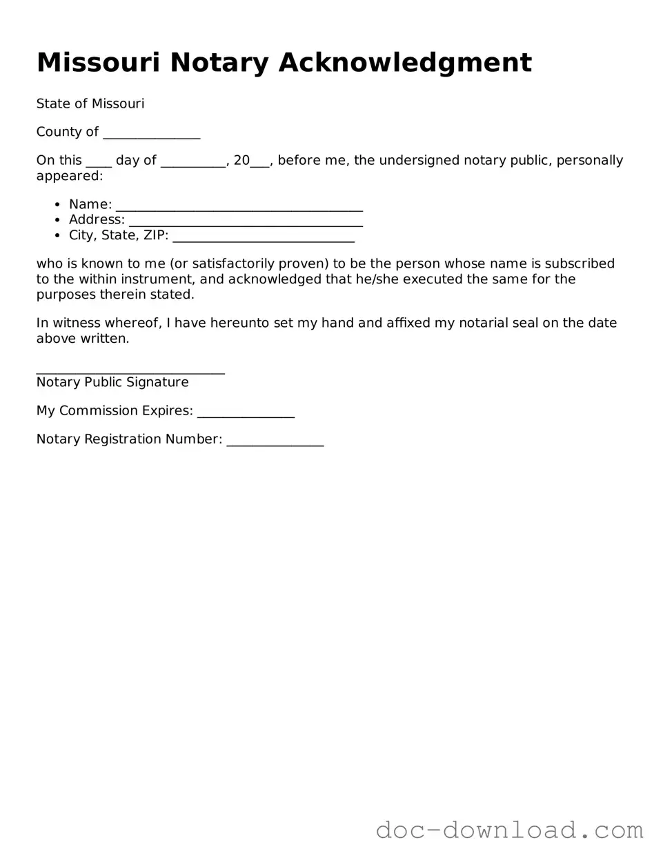 Blank  Notary Acknowledgement Document for Missouri