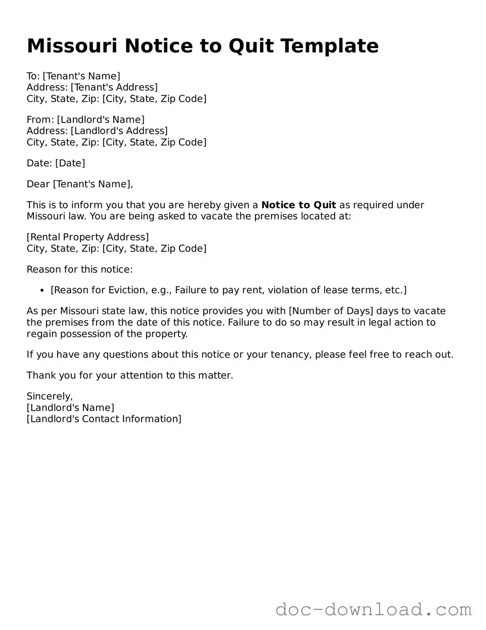 Blank  Notice to Quit Document for Missouri