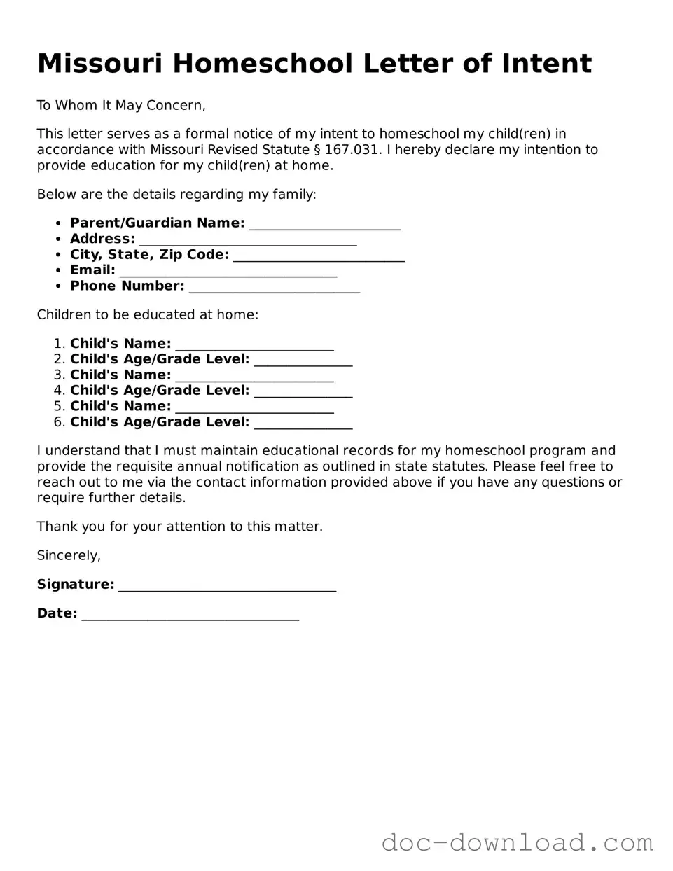 Blank  Homeschool Letter of Intent Document for Missouri