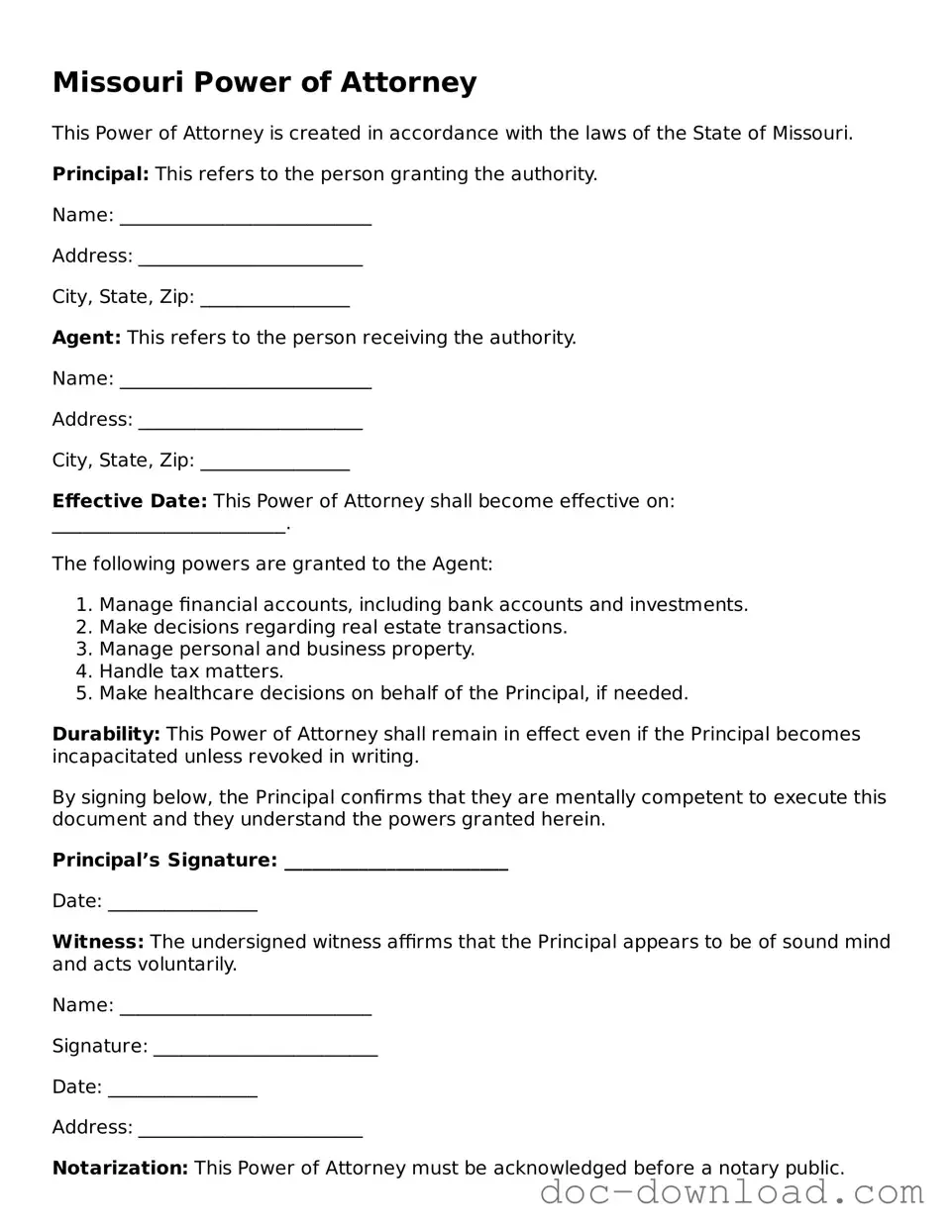 Blank  Power of Attorney Document for Missouri
