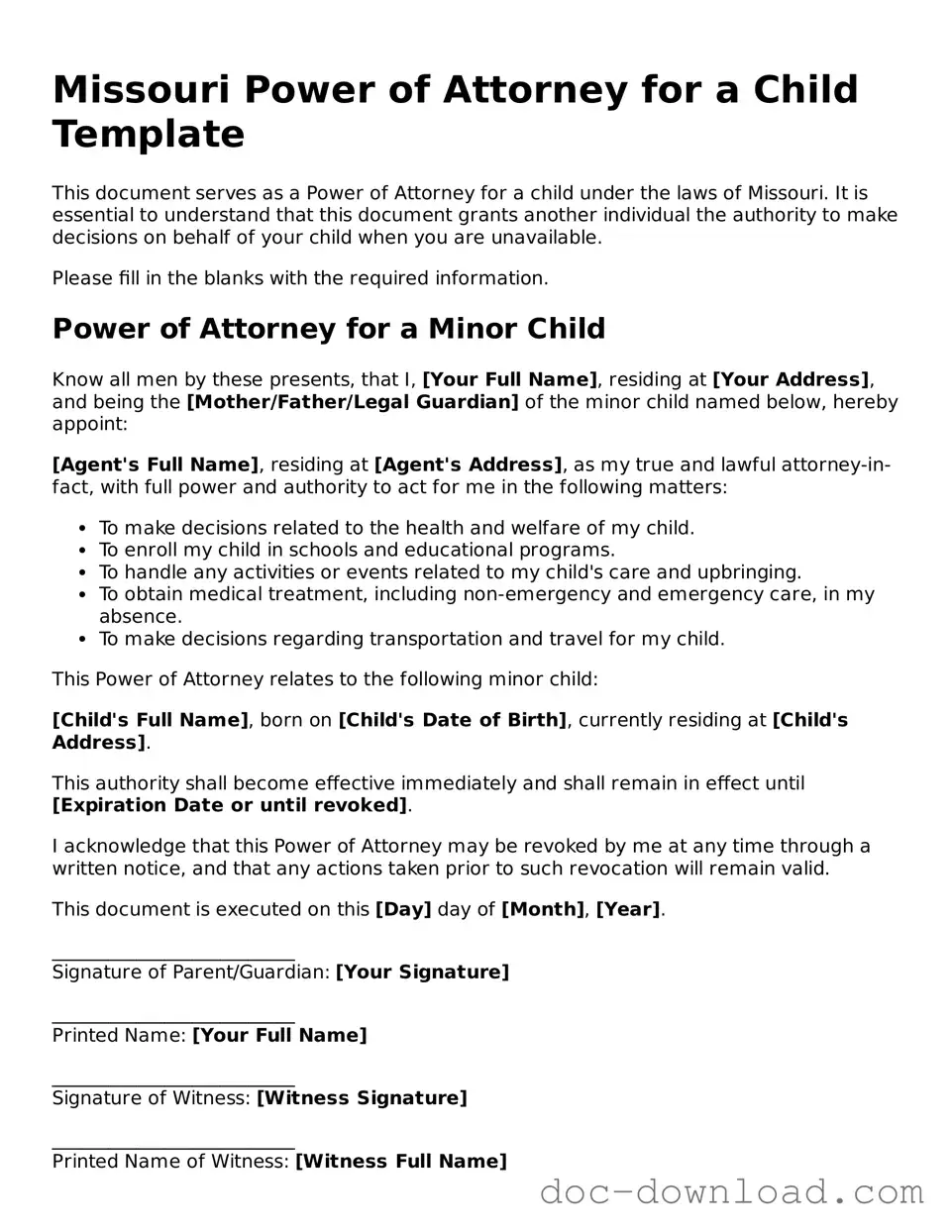 Blank  Power of Attorney for a Child Document for Missouri