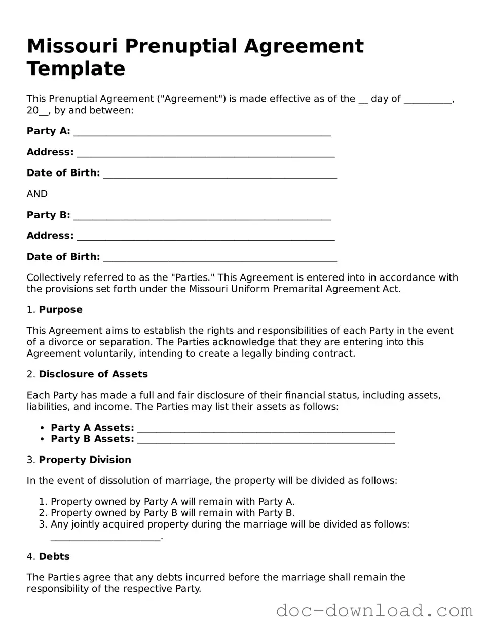 Blank  Prenuptial Agreement Document for Missouri