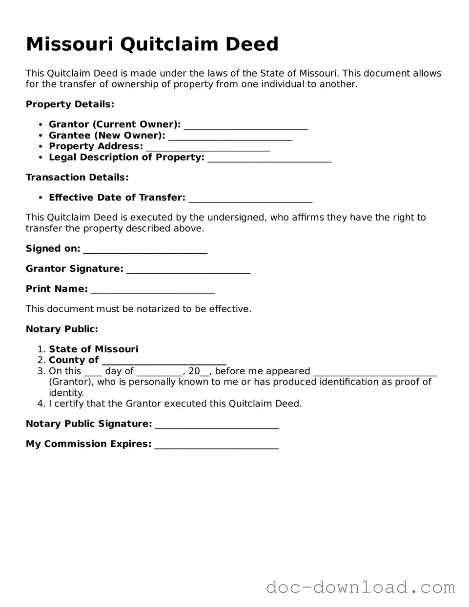 Blank  Quitclaim Deed Document for Missouri
