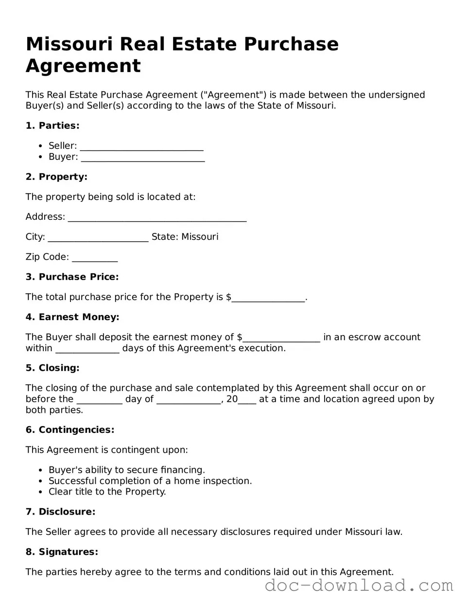 Blank  Real Estate Purchase Agreement Document for Missouri