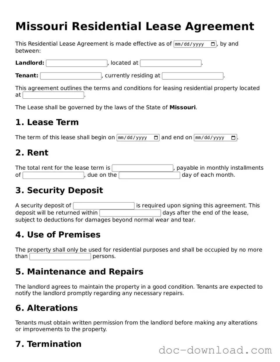 Blank Residential Lease Agreement Document for Missouri