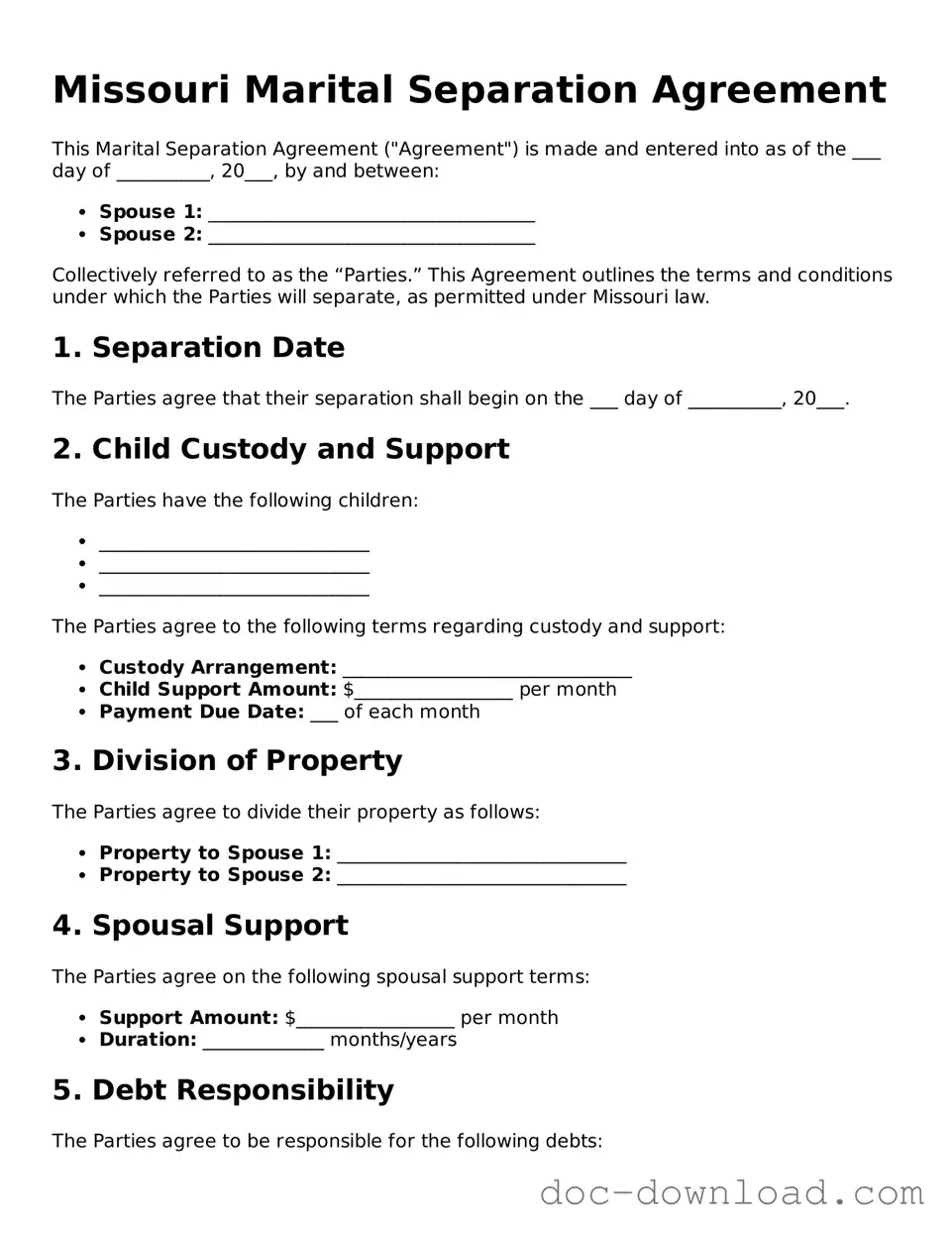 Blank  Marital Separation Agreement Document for Missouri