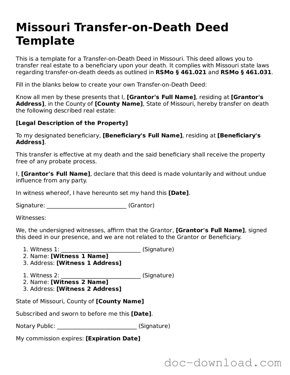 Blank  Transfer-on-Death Deed Document for Missouri