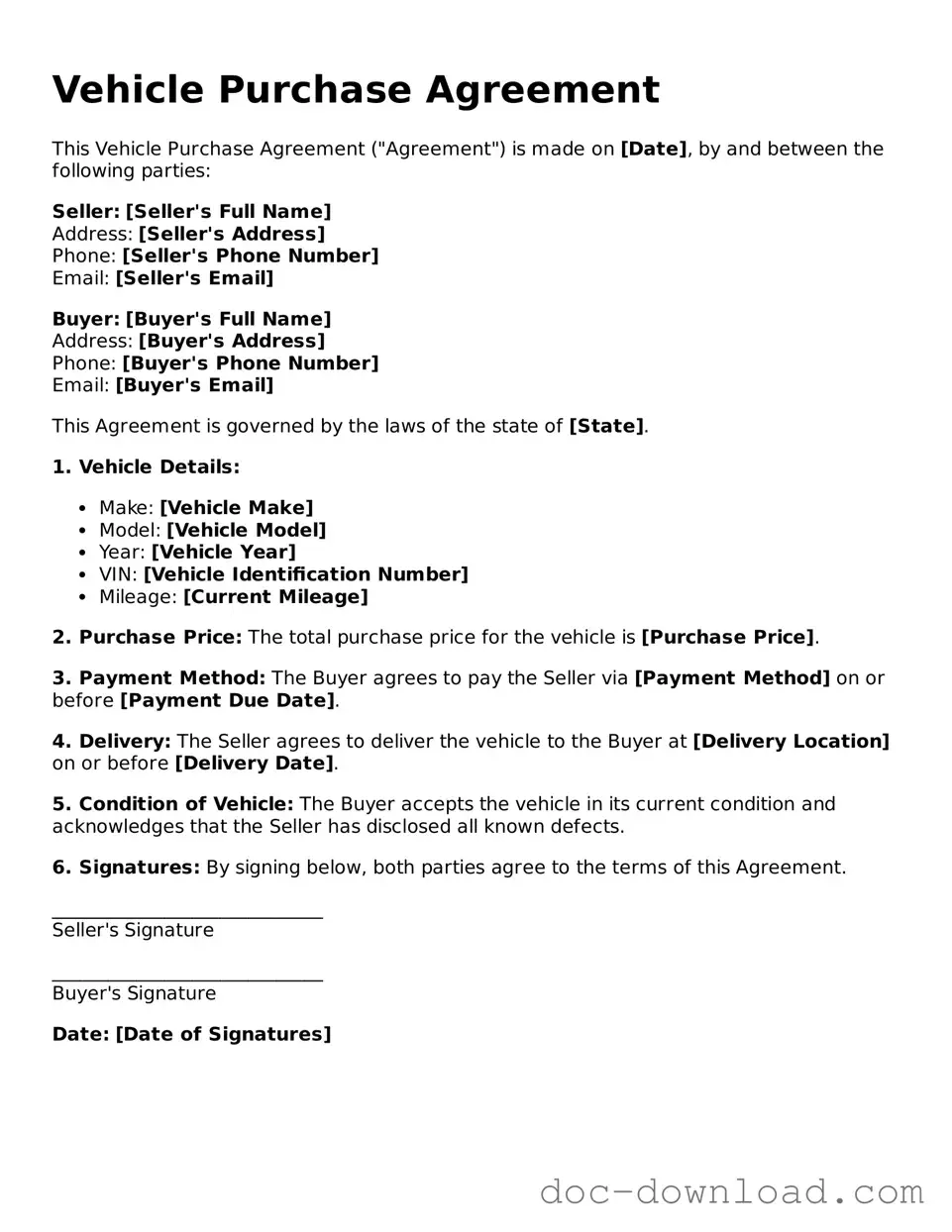 Printable Vehicle Purchase Agreement Template