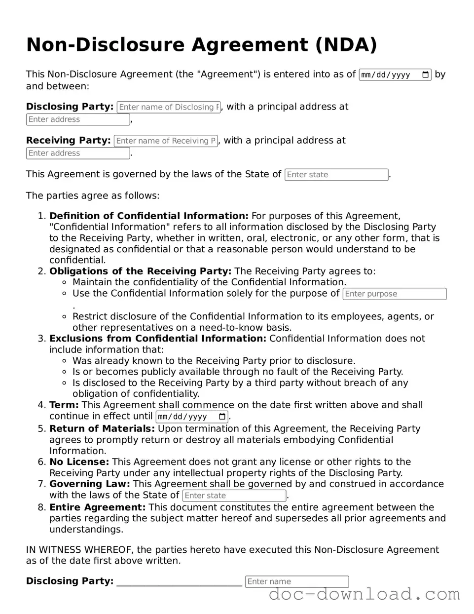 Printable Non-disclosure Agreement Template