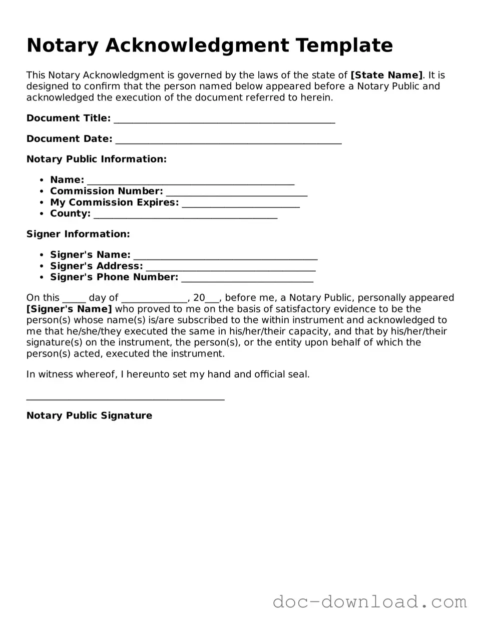 Printable Notary Acknowledgement Template