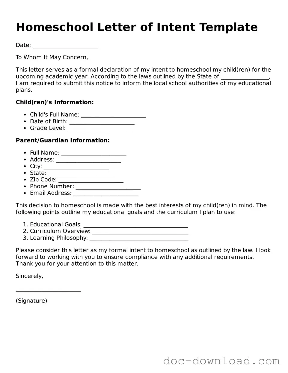 Printable Homeschool Letter of Intent Template