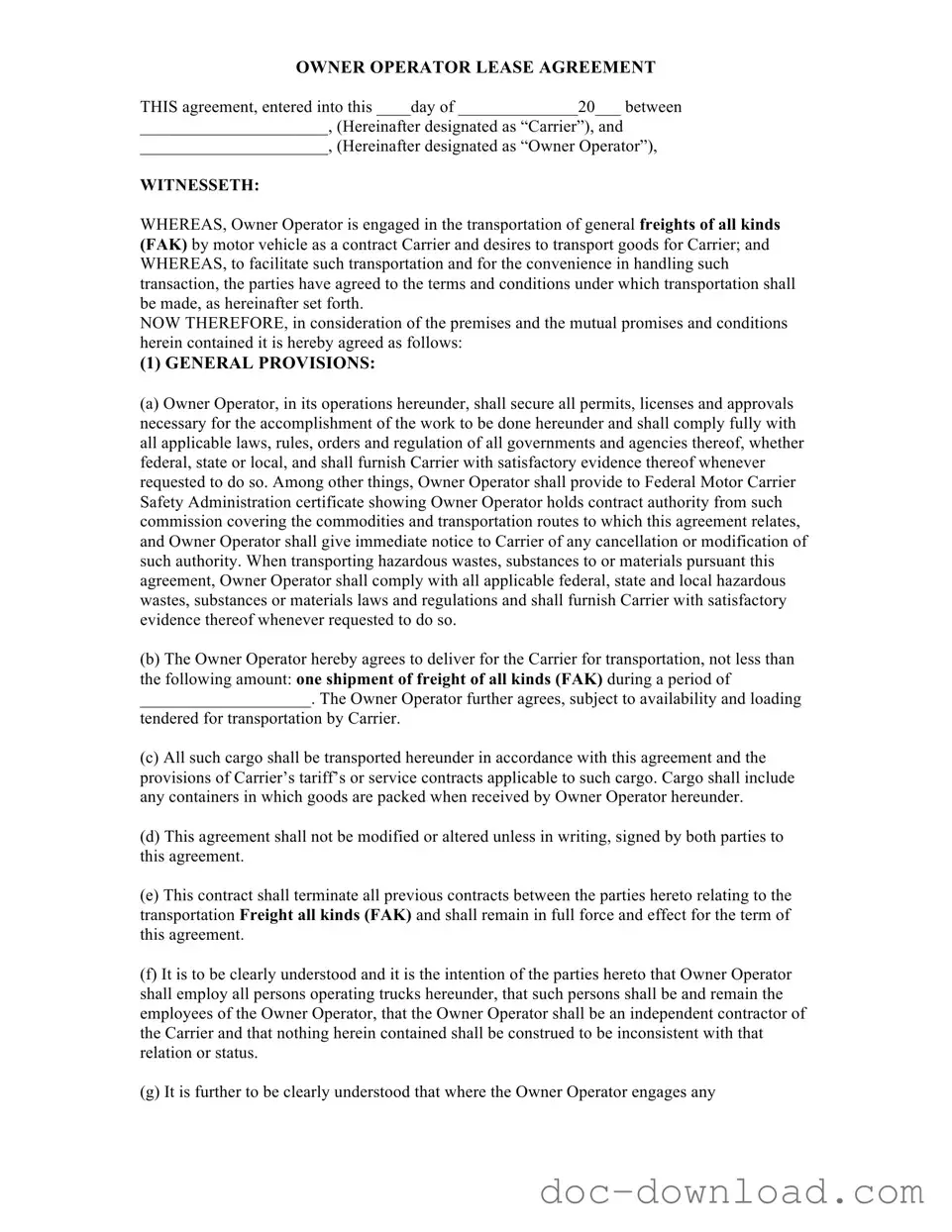 Fill Out Your Owner Operator Lease Agreement Template
