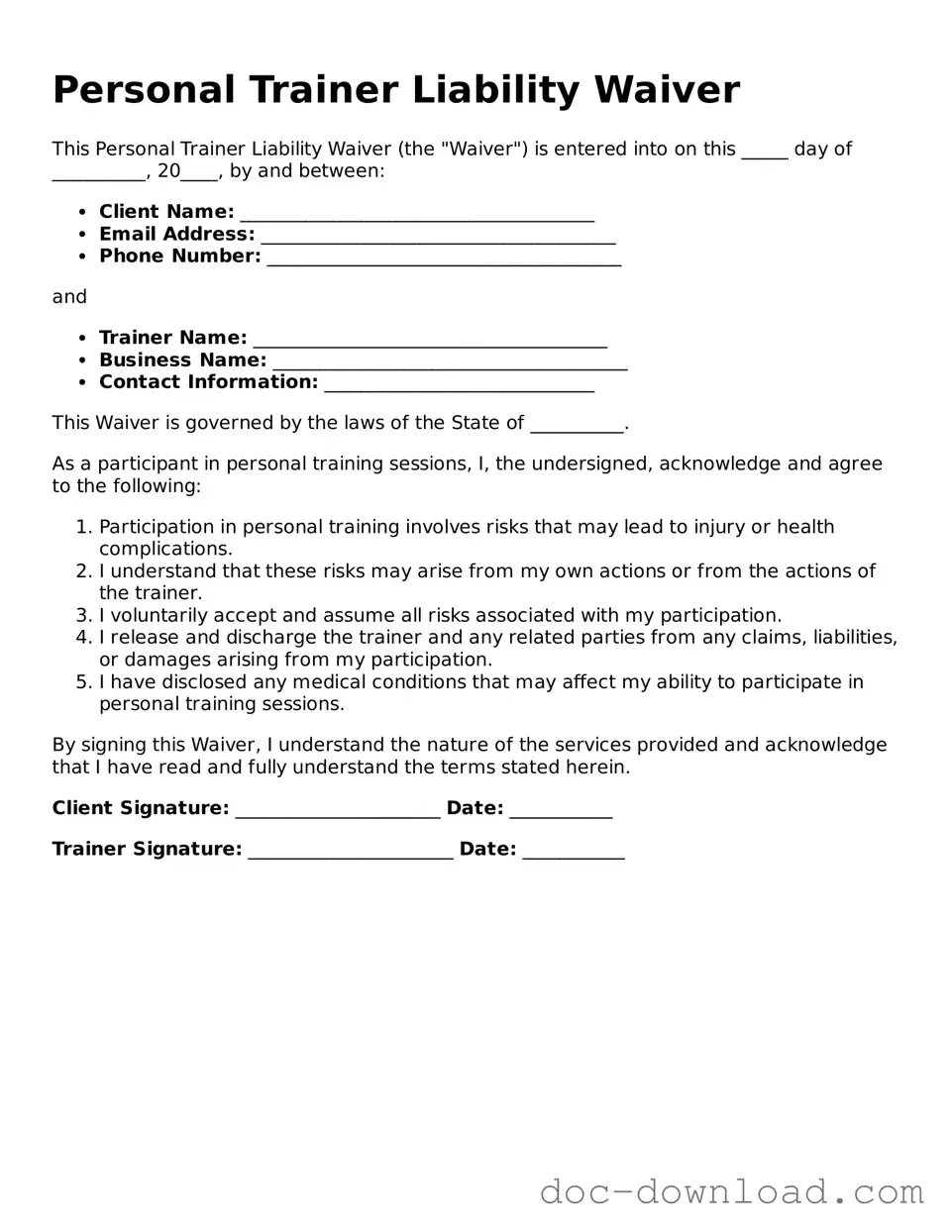 Printable Personal Trainer Liability Waiver Template