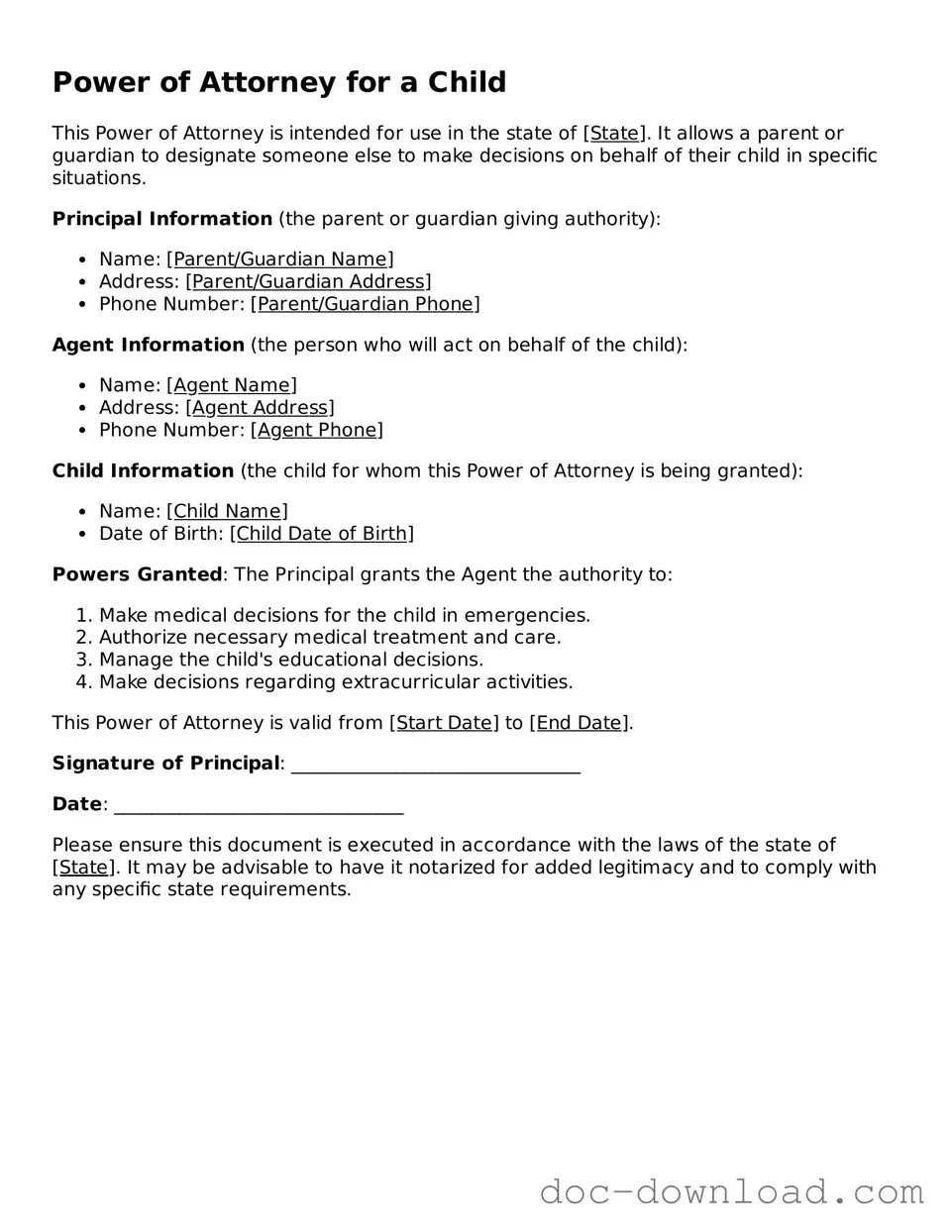 Printable Power of Attorney for a Child Template