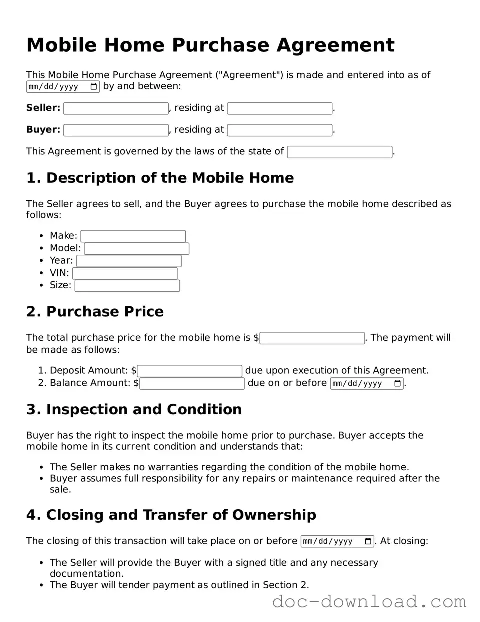 Printable Mobile Home Purchase Agreement Template