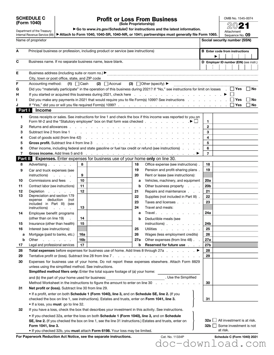 Fill Out Your IRS Schedule C 1040 Template