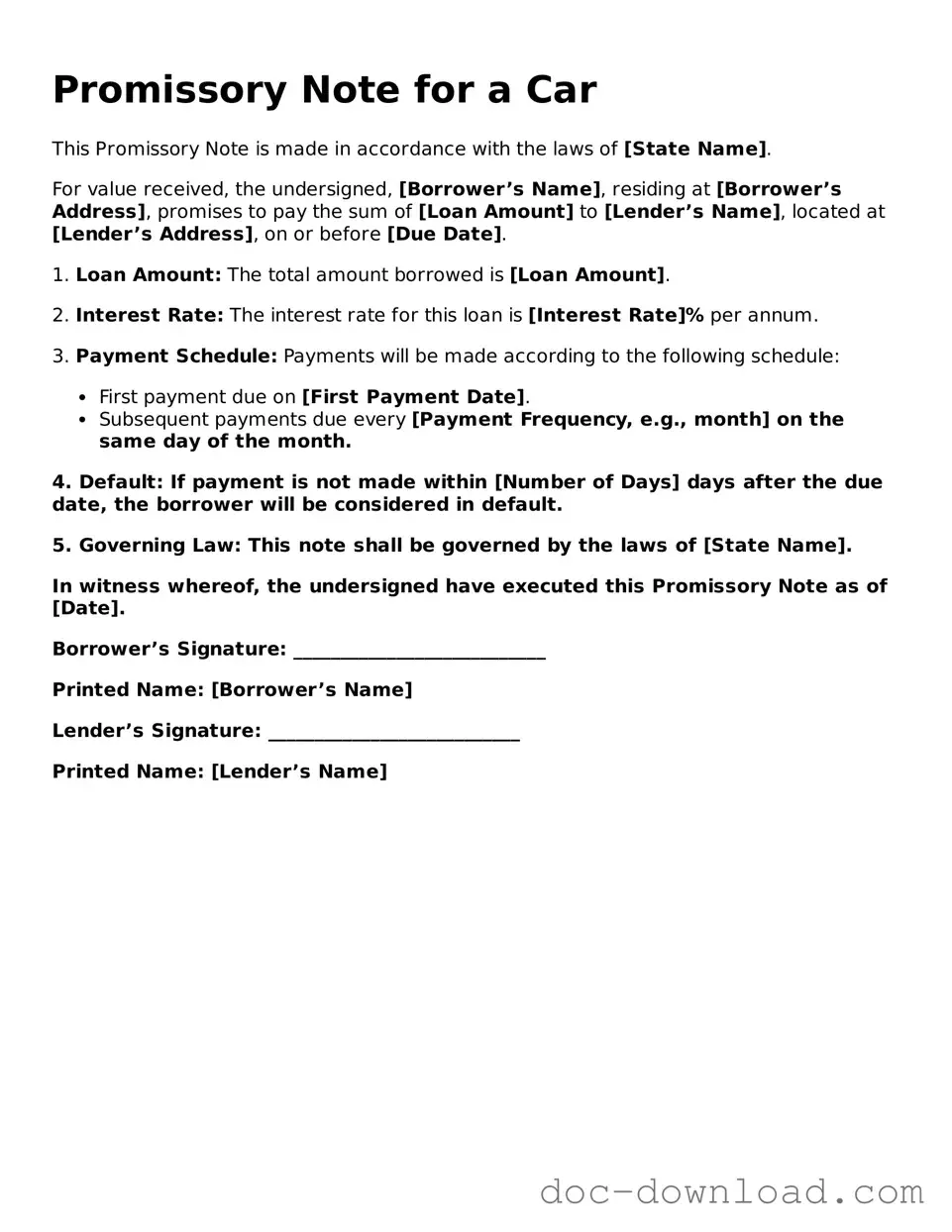 Printable Promissory Note for a Car Template