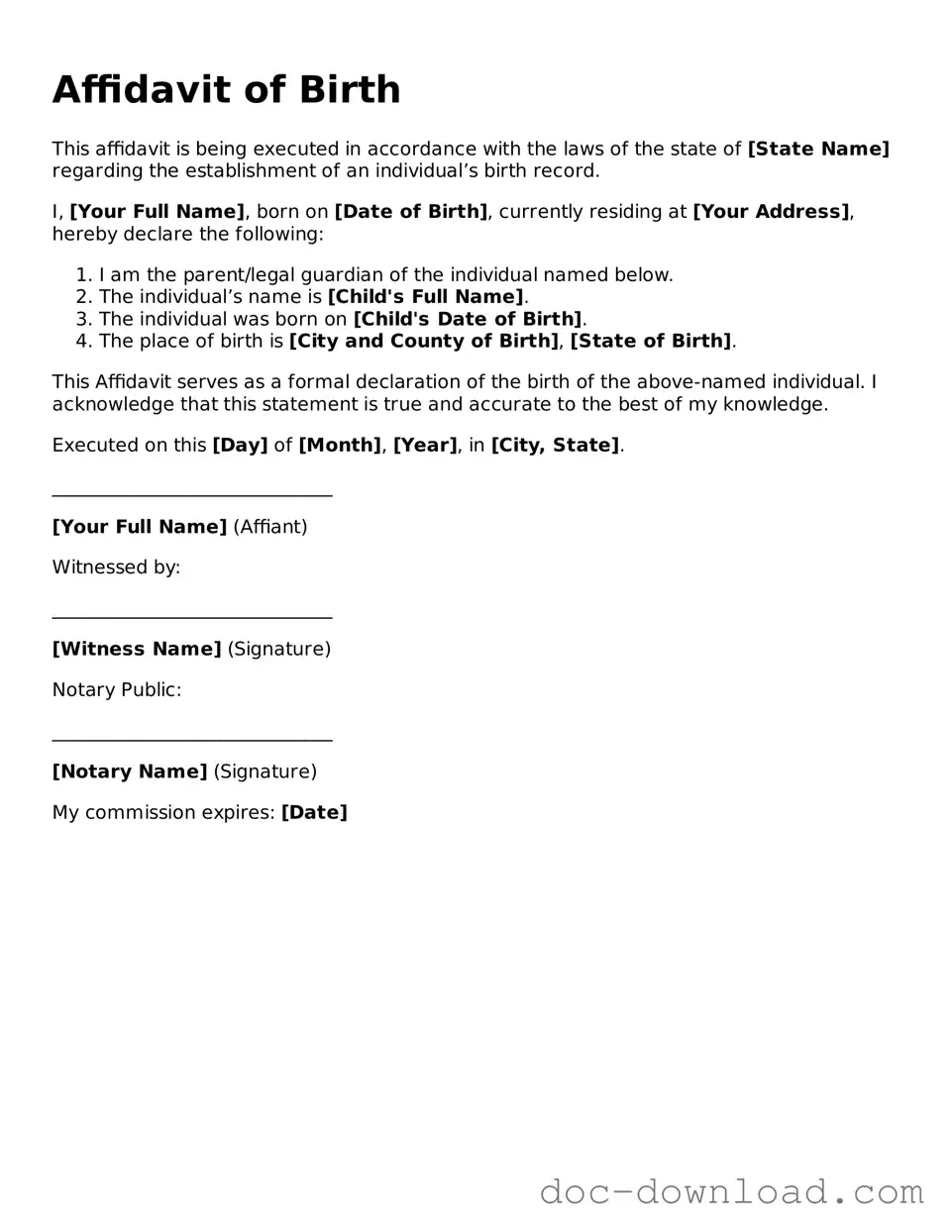 Printable Affidavit of Birth Template