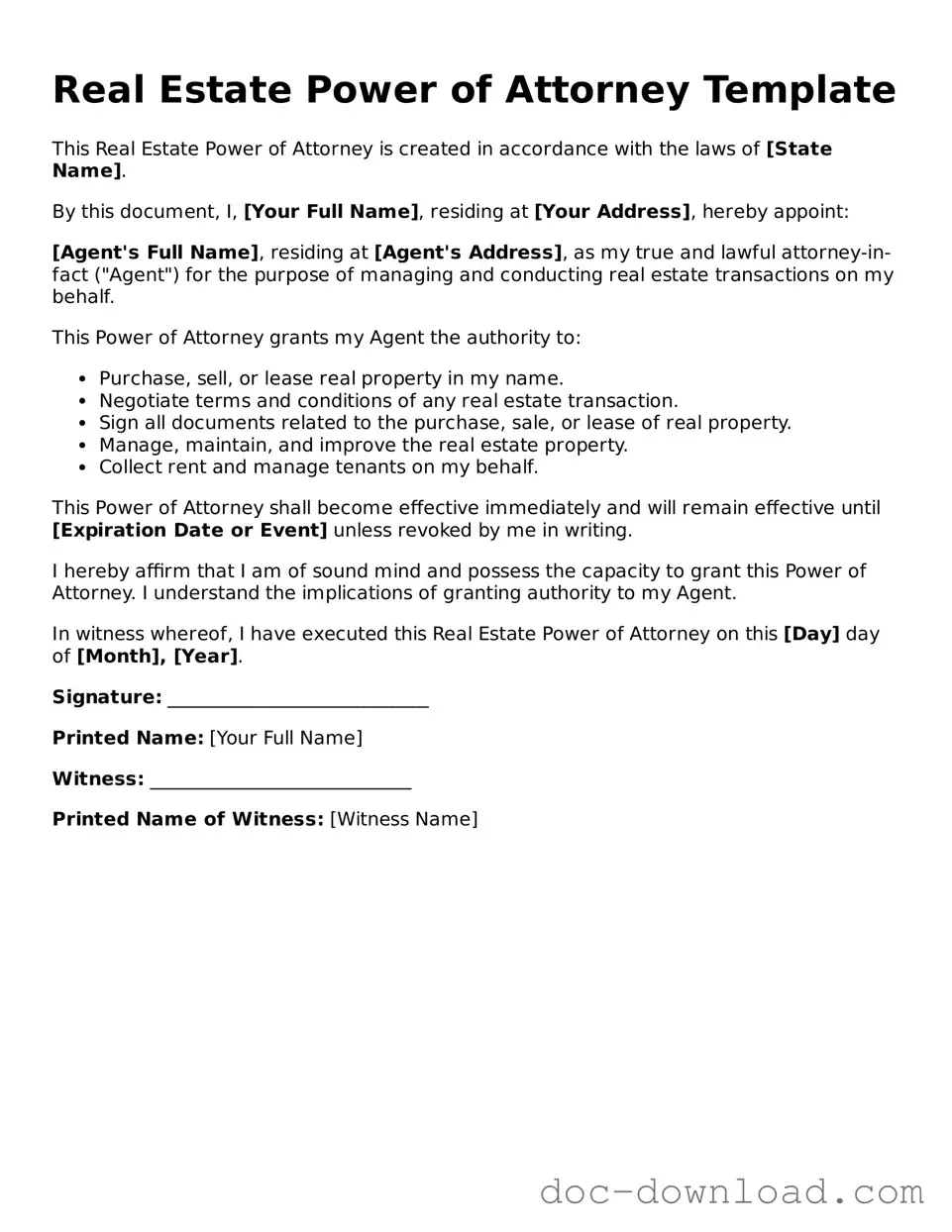 Printable Real Estate Power of Attorney Template