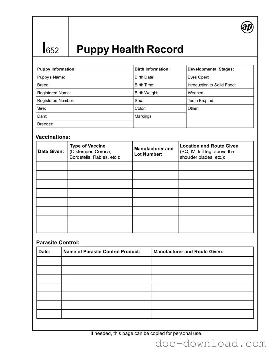 Fill Out Your Puppy Health Record Template