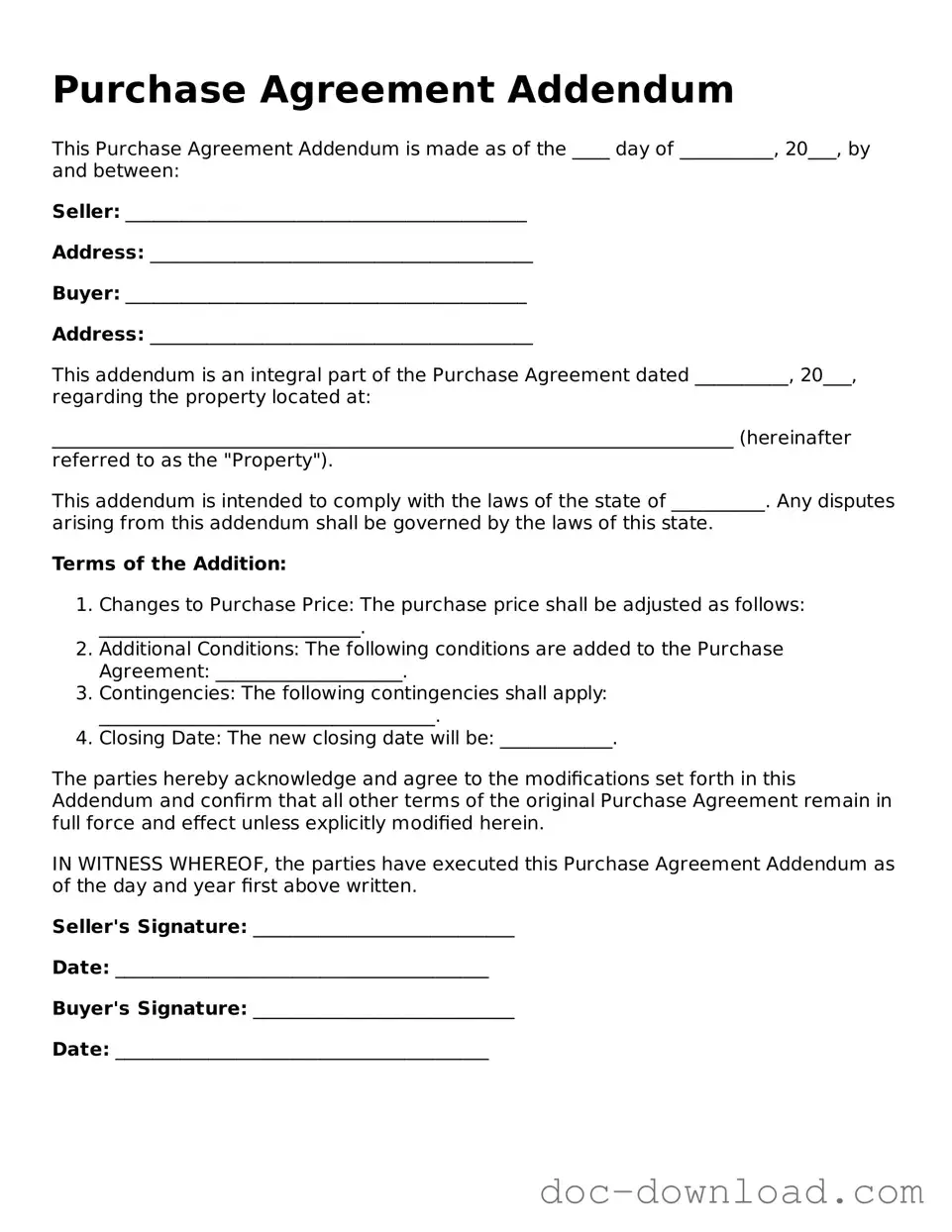 Printable Purchase Agreement Addendum Template