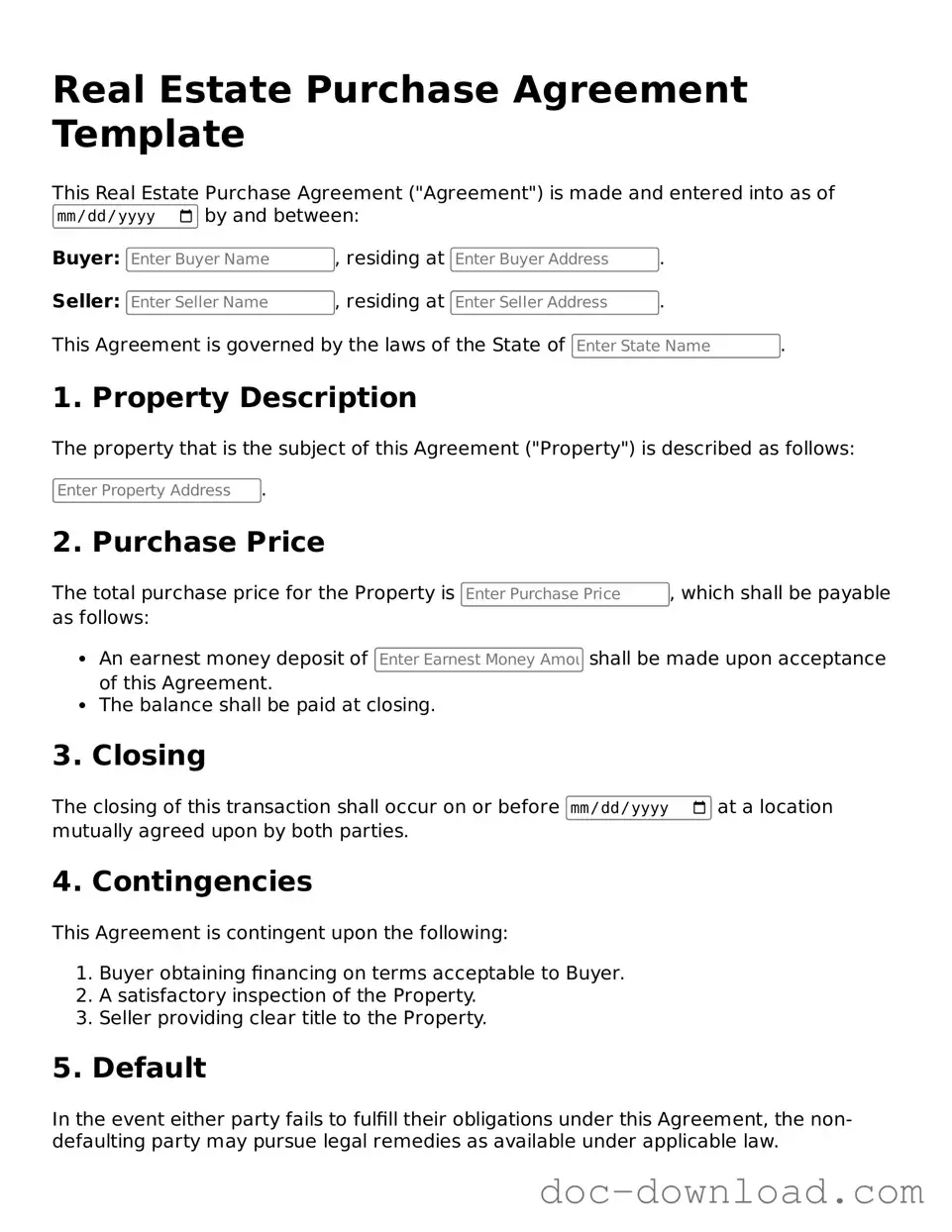 Printable Real Estate Purchase Agreement Template