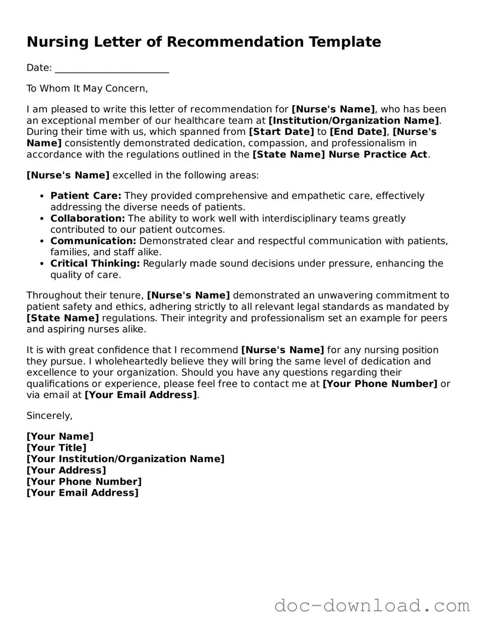 Printable Nursing Letter of Recommendation Template