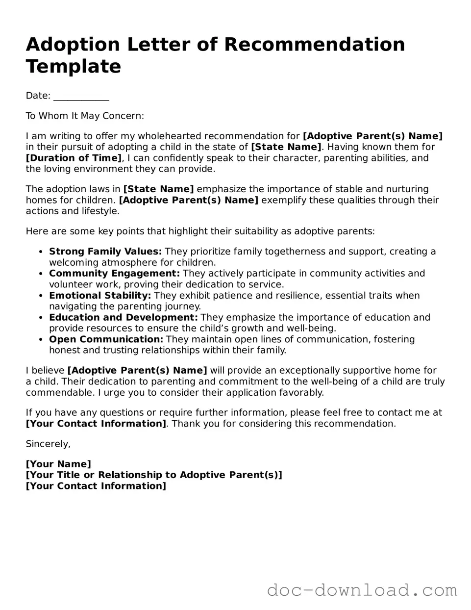 Printable Adoption Letter of Recommendation Template