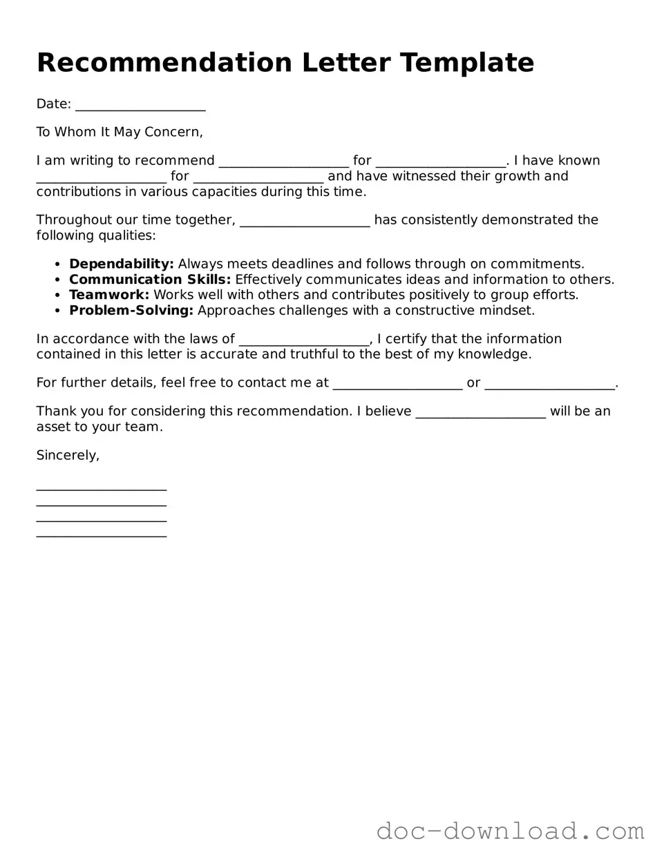 Printable Recommendation Letter Template