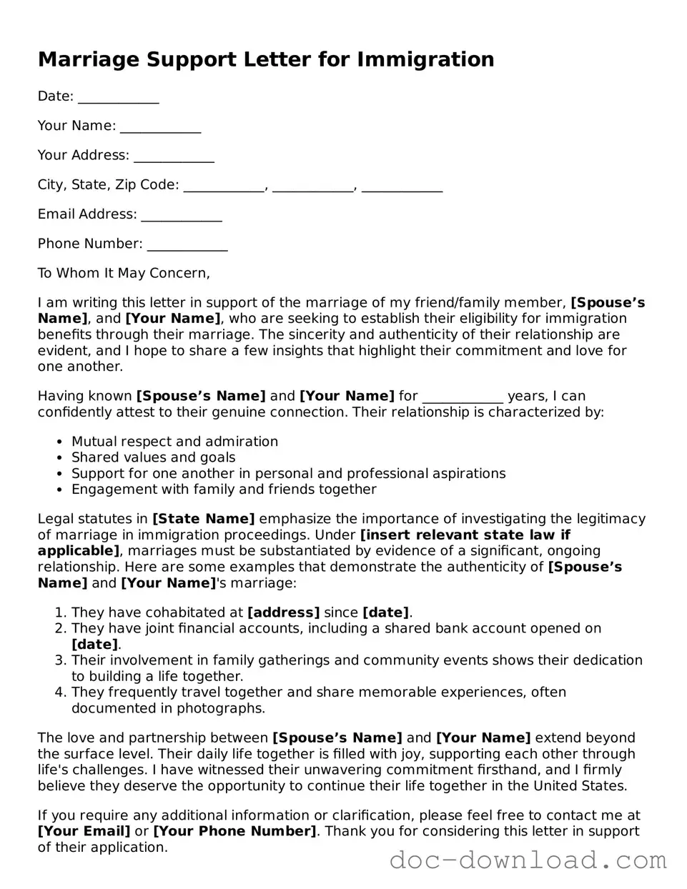 Printable Marriage Support Letter for Immigration Template