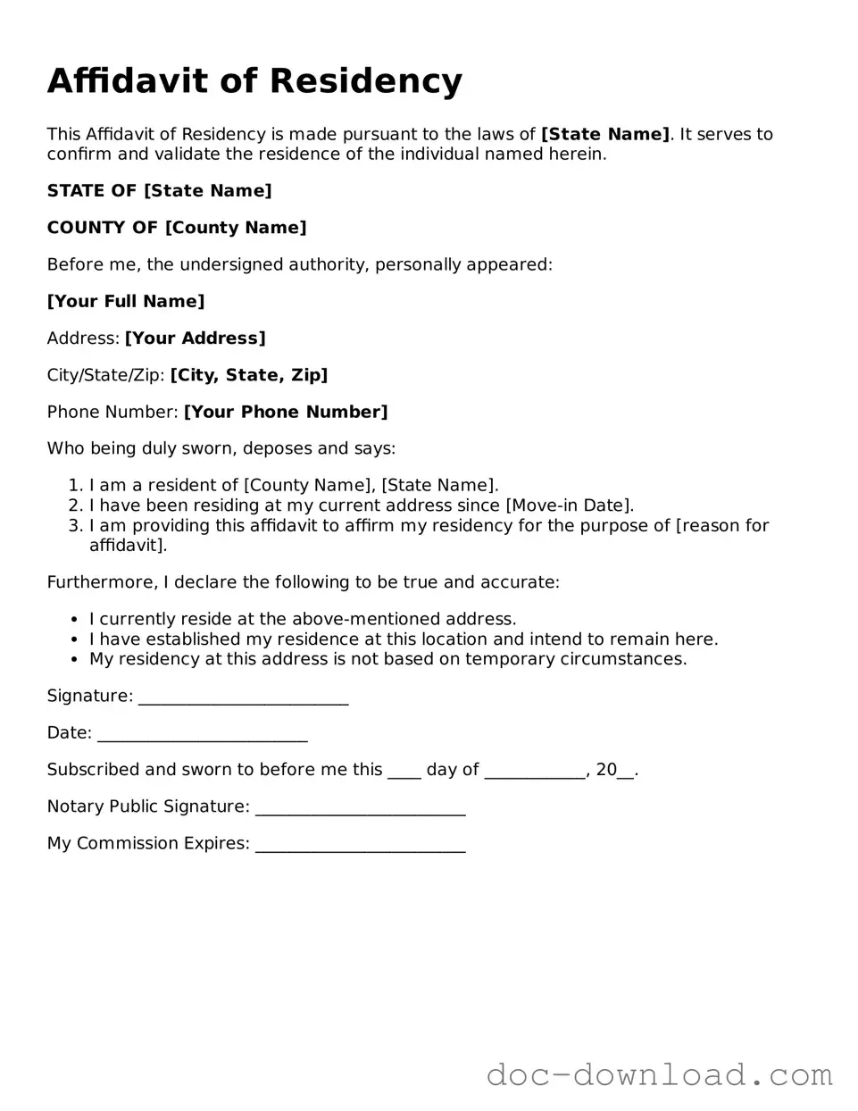 Printable Affidavit of Residency Template